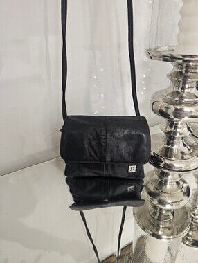 JD Black Leather Crossbody Bag with Silver Logo Accent